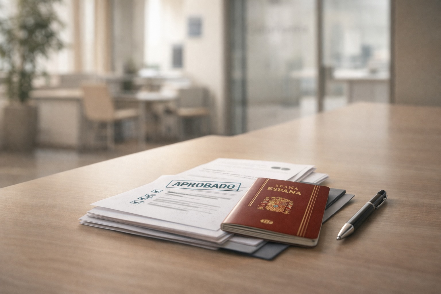 Минималистичный офисный стол с документами и паспортом Испании — оформление ВНЖ и визы