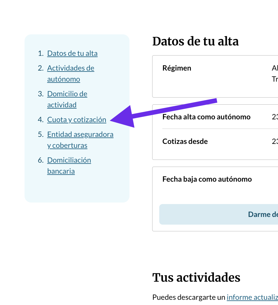 Раздел Cuota y cotizacion