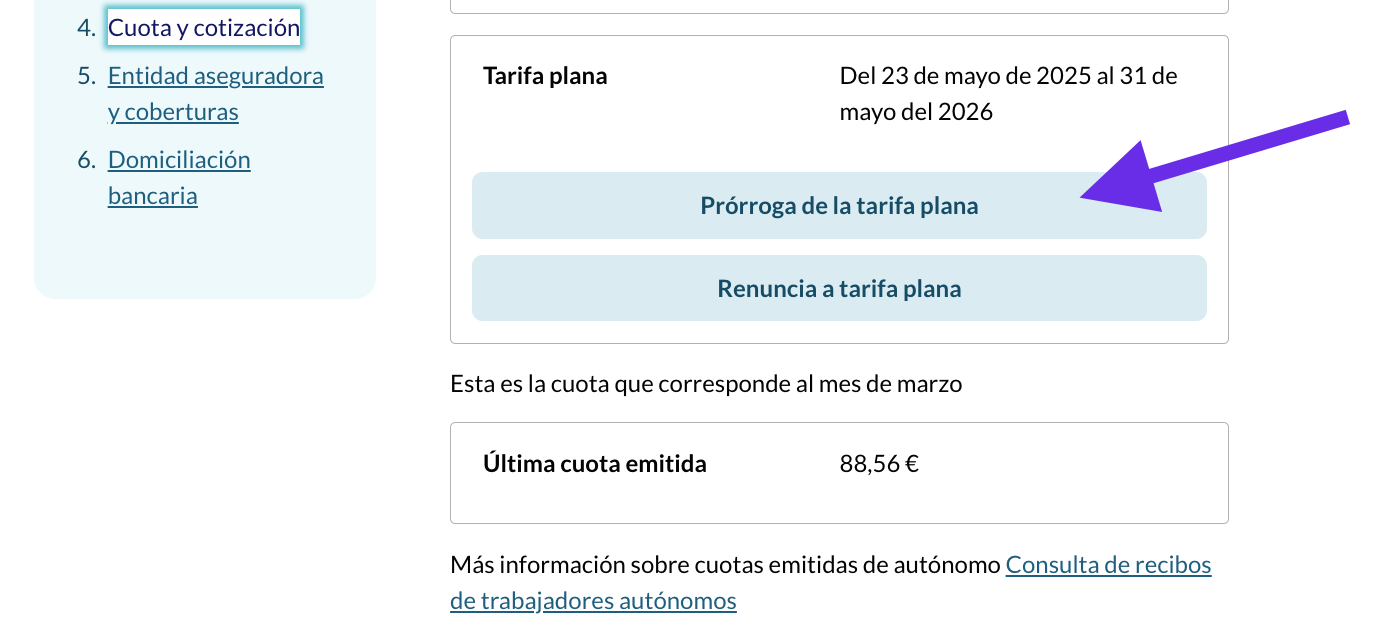 Окно Prorroga de la tarifa plana