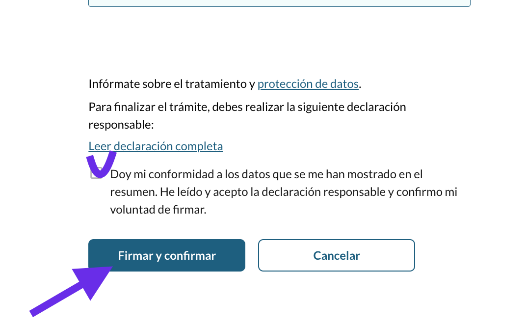 Подписание заявления Firmar y confirmar